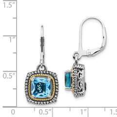 QTC1327 Shey Couture Sterling Silver with 14K Accent Antiqued Cushion Light Swiss Blue Topaz Leverback Dangle Earrings