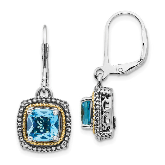 QTC1327 Shey Couture Sterling Silver with 14K Accent Antiqued Cushion Light Swiss Blue Topaz Leverback Dangle Earrings