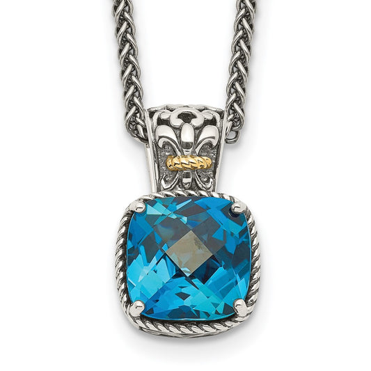 Shey Couture Sterling Silver with 14K Accent 18 Inch Antiqued Cushion London Blue Topaz Necklace QTC1343