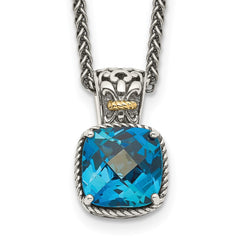 Shey Couture Sterling Silver with 14K Accent 18 Inch Antiqued Cushion London Blue Topaz Necklace QTC1343