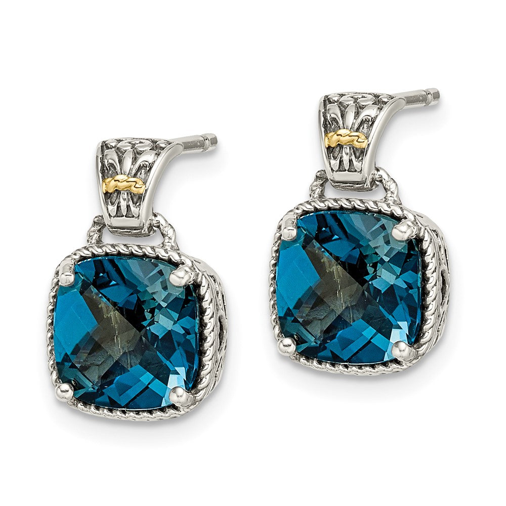 QTC1347 Shey Couture Sterling Silver with 14K Accent Antiqued Cushion London Blue Topaz Post Dangle Earrings