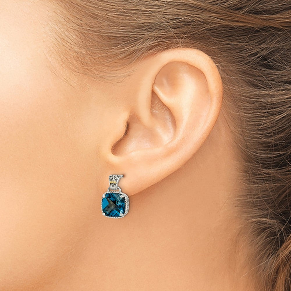 QTC1347 Shey Couture Sterling Silver with 14K Accent Antiqued Cushion London Blue Topaz Post Dangle Earrings