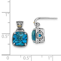 QTC1347 Shey Couture Sterling Silver with 14K Accent Antiqued Cushion London Blue Topaz Post Dangle Earrings