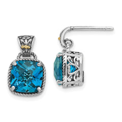 QTC1347 Shey Couture Sterling Silver with 14K Accent Antiqued Cushion London Blue Topaz Post Dangle Earrings