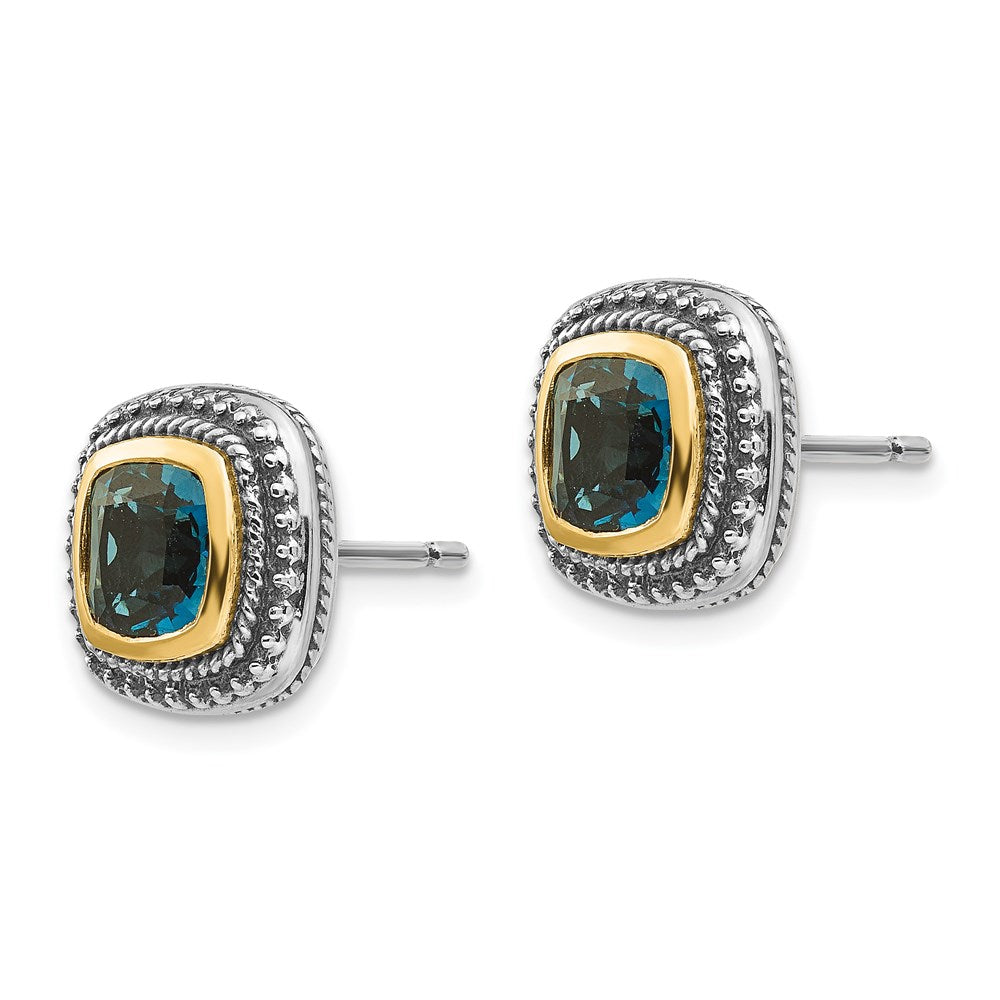 QTC1350 Shey Couture Sterling Silver with 14K Accent Antiqued Cushion London Blue Topaz Post Earrings