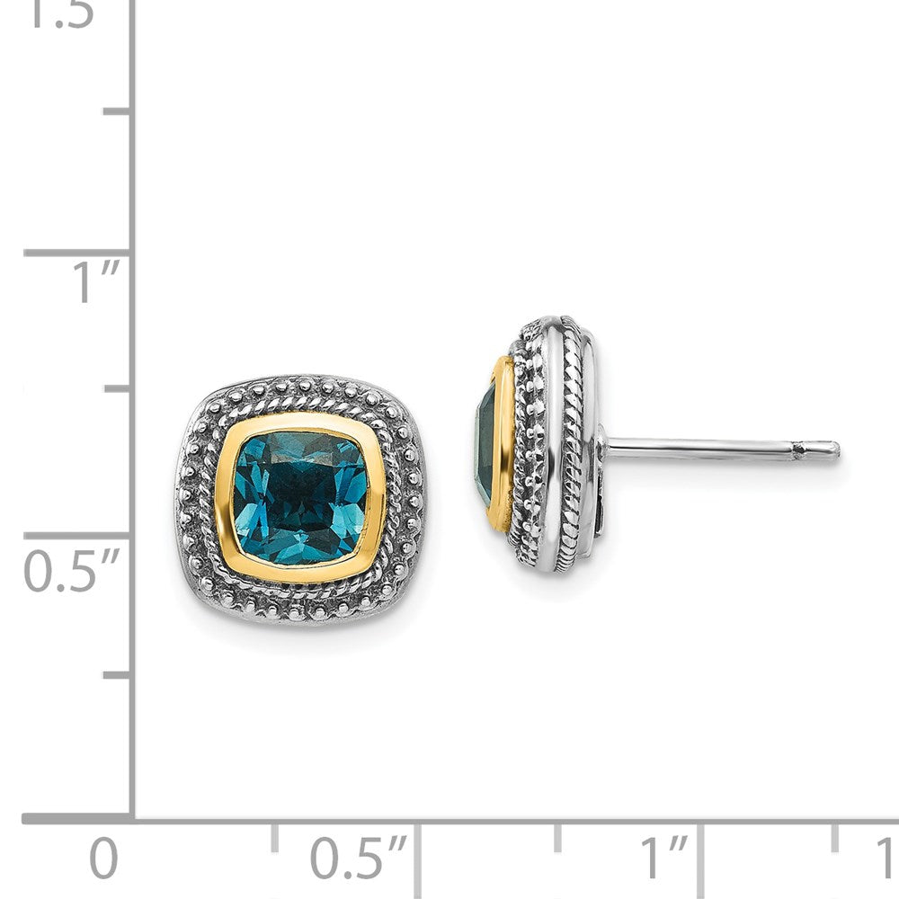QTC1350 Shey Couture Sterling Silver with 14K Accent Antiqued Cushion London Blue Topaz Post Earrings