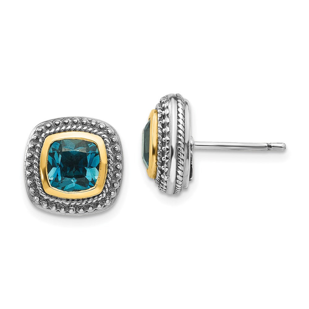 QTC1350 Shey Couture Sterling Silver with 14K Accent Antiqued Cushion London Blue Topaz Post Earrings