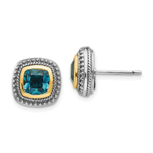 QTC1350 Shey Couture Sterling Silver with 14K Accent Antiqued Cushion London Blue Topaz Post Earrings
