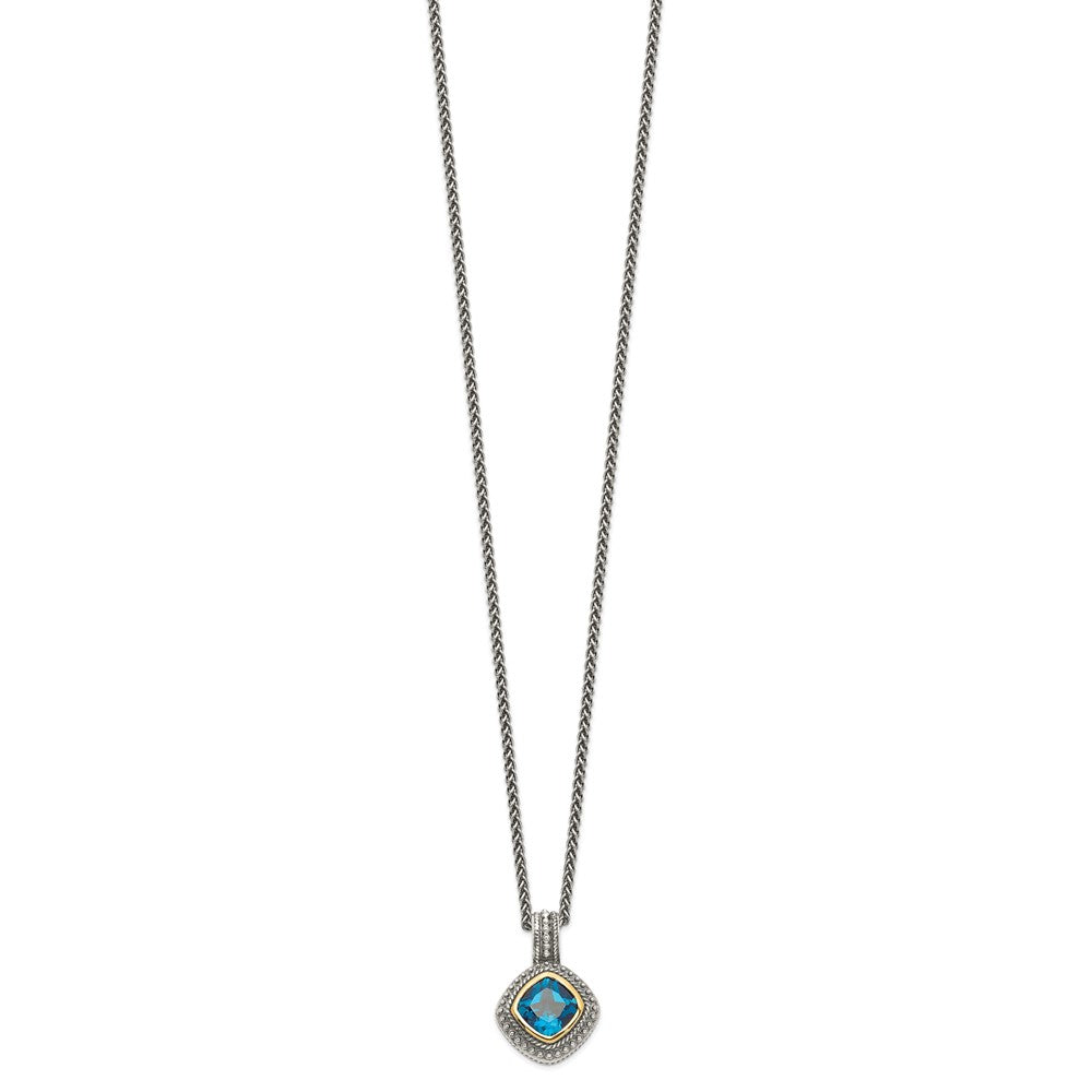Shey Couture Sterling Silver with 14K Accent 18 Inch Antiqued Cushion Bezel London Blue Topaz Necklace QTC1353