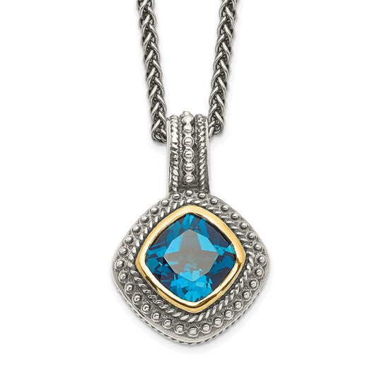 Shey Couture Sterling Silver with 14K Accent 18 Inch Antiqued Cushion Bezel London Blue Topaz Necklace QTC1353