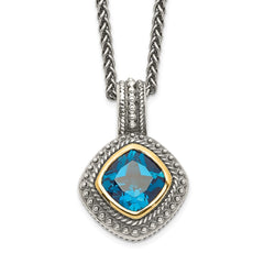 Shey Couture Sterling Silver with 14K Accent 18 Inch Antiqued Cushion Bezel London Blue Topaz Necklace QTC1353