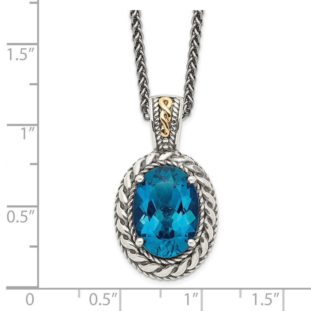 Shey Couture Sterling Silver with 14K Accent 18 Inch Antiqued Oval London Blue Topaz Hinged Bail Necklace QTC1365
