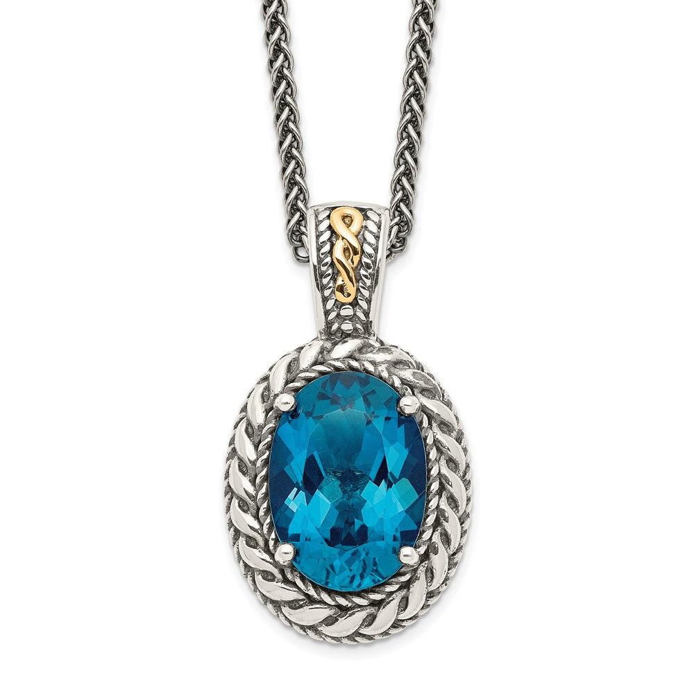 Shey Couture Sterling Silver with 14K Accent 18 Inch Antiqued Oval London Blue Topaz Hinged Bail Necklace QTC1365