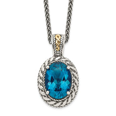 Shey Couture Sterling Silver with 14K Accent 18 Inch Antiqued Oval London Blue Topaz Hinged Bail Necklace QTC1365
