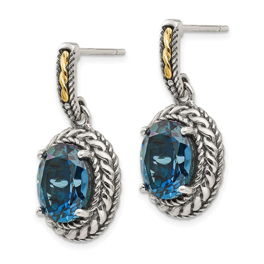 QTC1367 Shey Couture Sterling Silver with 14K Accent Antiqued Oval London Blue Topaz Post Dangle Earrings