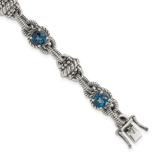 Shey Couture Sterling Silver 7.75 inch Antiqued Round London Blue Topaz Bracelet QTC1375