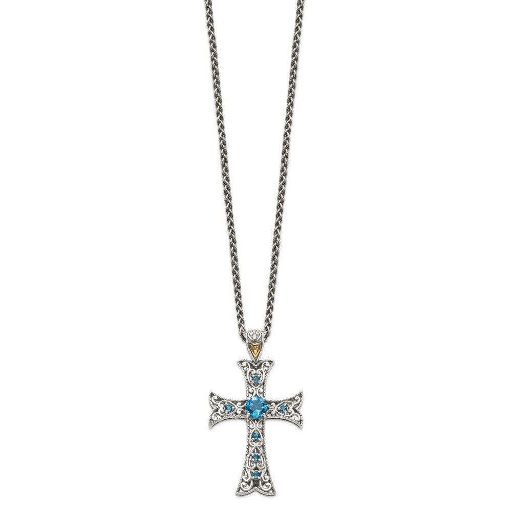 Shey Couture Sterling Silver with 14K Accent 18 Inch Antiqued Round London Blue Topaz Cross Necklace QTC1378