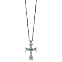 Shey Couture Sterling Silver with 14K Accent 18 Inch Antiqued Round London Blue Topaz Cross Necklace QTC1378