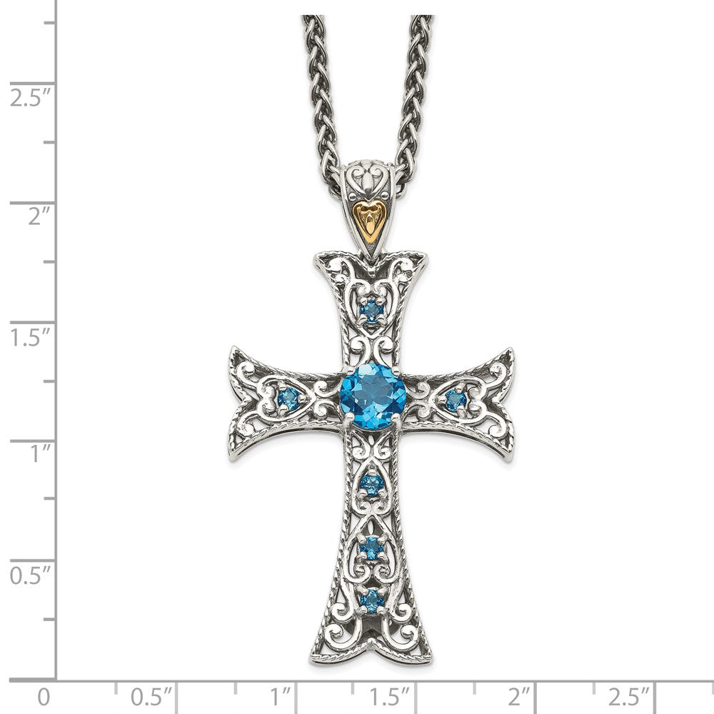 Shey Couture Sterling Silver with 14K Accent 18 Inch Antiqued Round London Blue Topaz Cross Necklace QTC1378