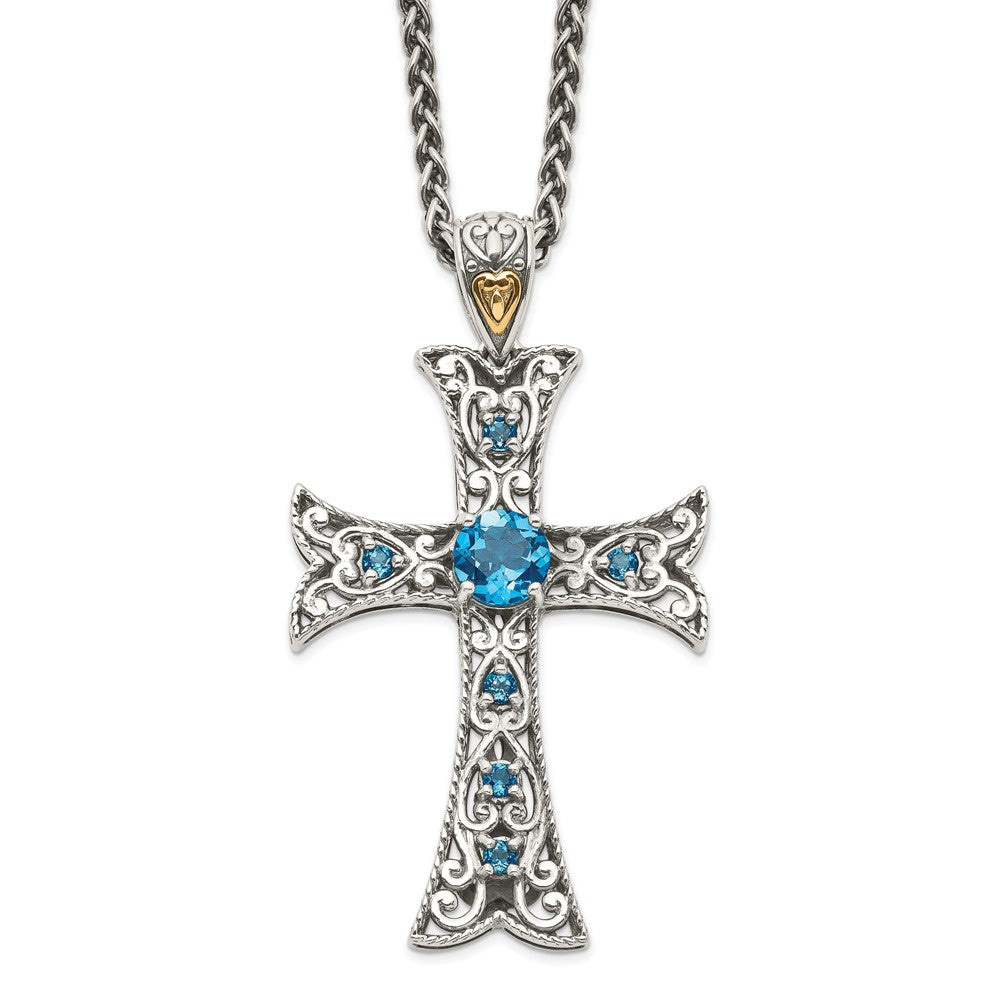 Shey Couture Sterling Silver with 14K Accent 18 Inch Antiqued Round London Blue Topaz Cross Necklace QTC1378