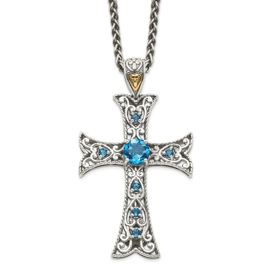 Shey Couture Sterling Silver with 14K Accent 18 Inch Antiqued Round London Blue Topaz Cross Necklace QTC1378
