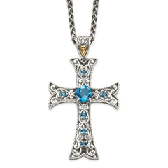 Shey Couture Sterling Silver with 14K Accent 18 Inch Antiqued Round London Blue Topaz Cross Necklace QTC1378