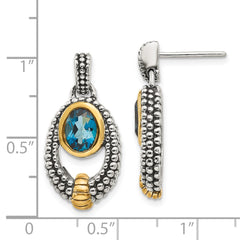 QTC1379 Shey Couture Sterling Silver Gold-tone Flash Gold-plated Antiqued Oval Bezel London Blue Topaz Post Dangle Earrings