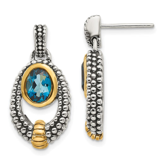 QTC1379 Shey Couture Sterling Silver Gold-tone Flash Gold-plated Antiqued Oval Bezel London Blue Topaz Post Dangle Earrings