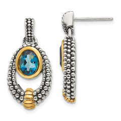 QTC1379 Shey Couture Sterling Silver Gold-tone Flash Gold-plated Antiqued Oval Bezel London Blue Topaz Post Dangle Earrings