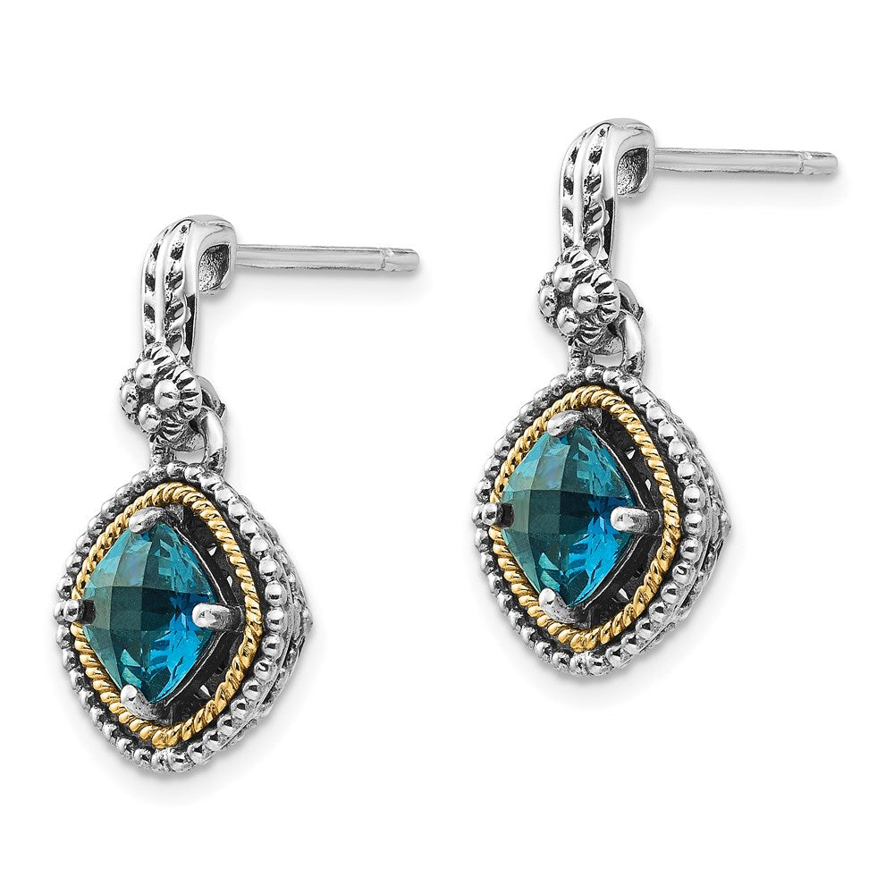 QTC1384 Shey Couture Sterling Silver with 14K Accent Antiqued Cushion London Blue Topaz Post Dangle Earrings