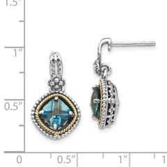 QTC1384 Shey Couture Sterling Silver with 14K Accent Antiqued Cushion London Blue Topaz Post Dangle Earrings