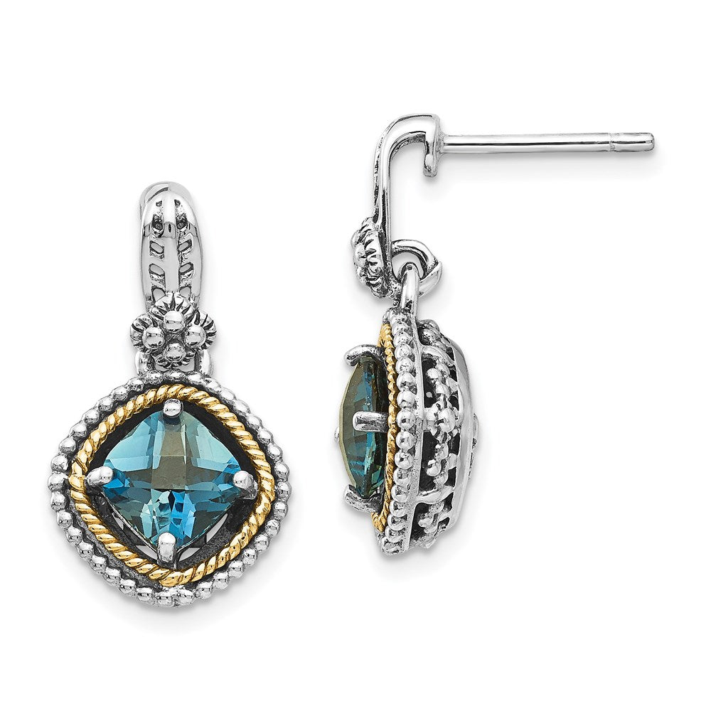 QTC1384 Shey Couture Sterling Silver with 14K Accent Antiqued Cushion London Blue Topaz Post Dangle Earrings