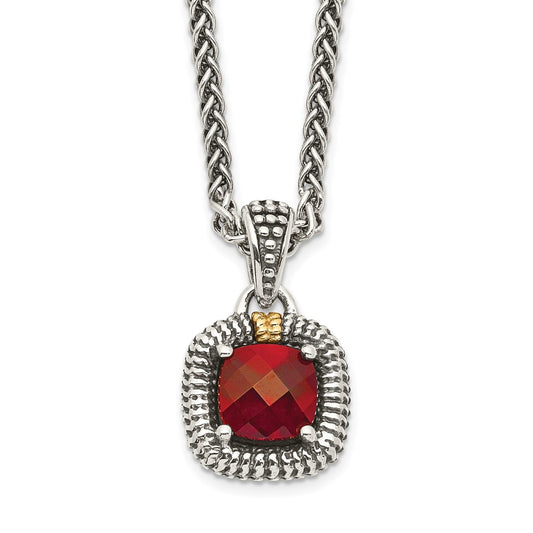 Shey Couture Sterling Silver with 14K Accent 18 Inch Antiqued Checkerboard Bezel Garnet Necklace QTC1396