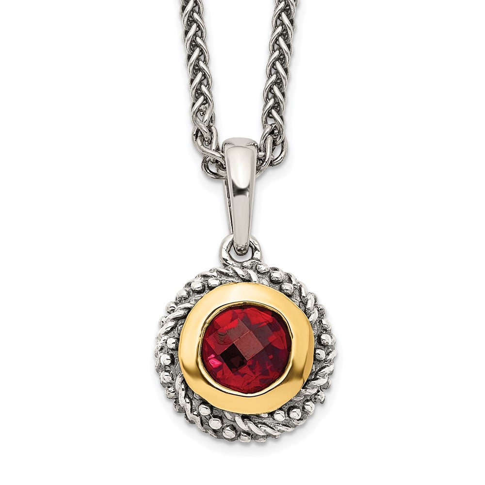 Shey Couture Sterling Silver with 14K Accent 18 Inch Antiqued Checkerboard Round Bezel Garnet Necklace QTC1401