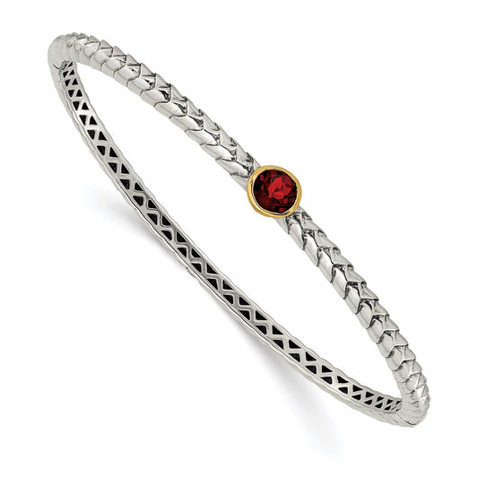 Shey Couture Sterling Silver with 14K Accent Antiqued Round Bezel Garnet Bangle Bracelet QTC140
