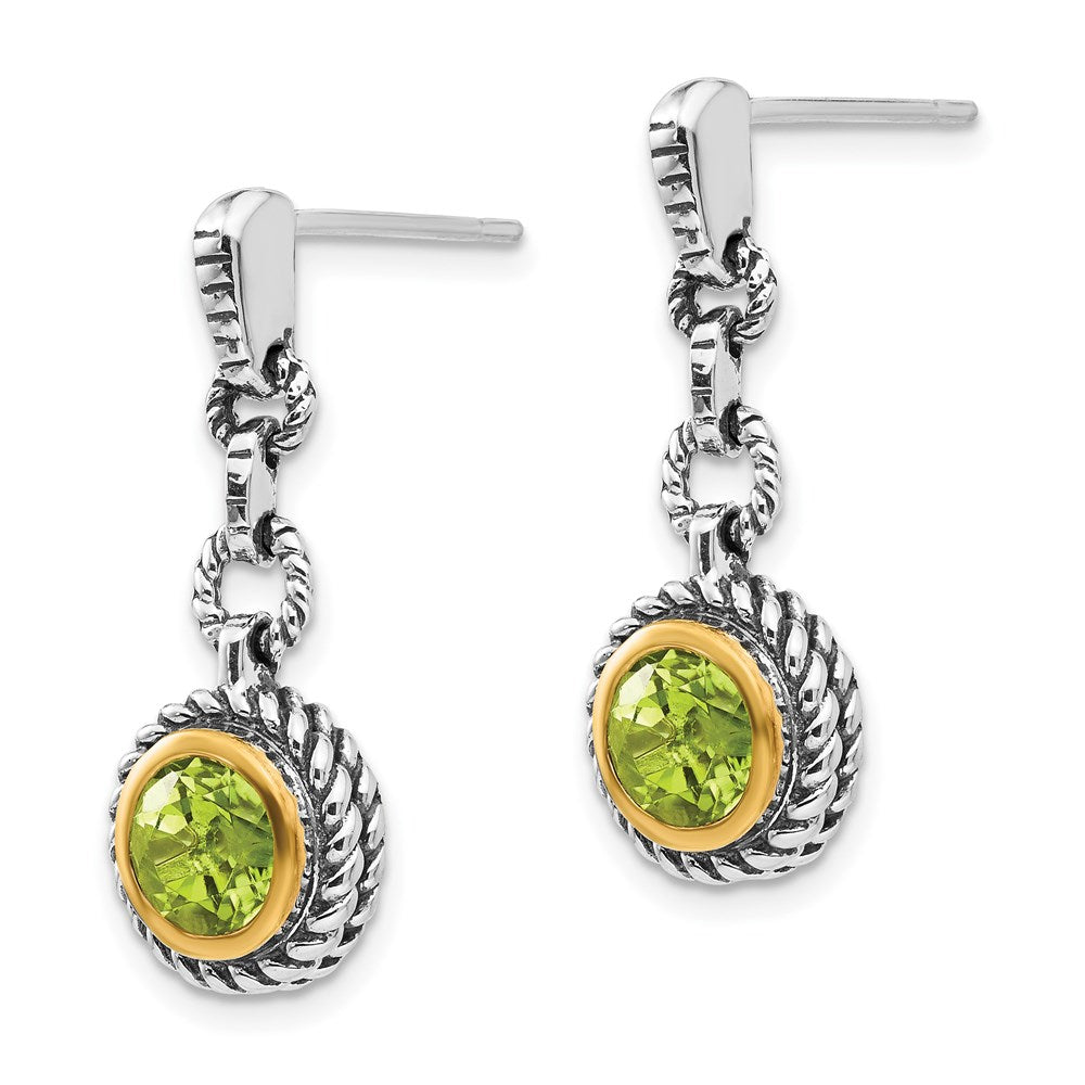 QTC142 Shey Couture Sterling Silver Gold-tone Flash Gold-plated Antiqued Round Bezel Peridot Post Dangle Earrings