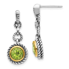 QTC142 Shey Couture Sterling Silver Gold-tone Flash Gold-plated Antiqued Round Bezel Peridot Post Dangle Earrings