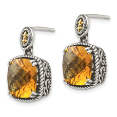 QTC1446 Shey Couture Sterling Silver with 14K Accent Antiqued Cushion Citrine Dangle Post Earrings