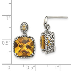 QTC1446 Shey Couture Sterling Silver with 14K Accent Antiqued Cushion Citrine Dangle Post Earrings