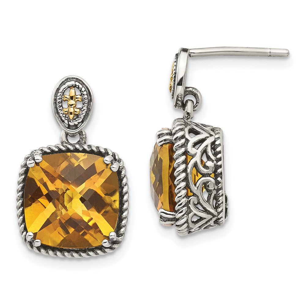 QTC1446 Shey Couture Sterling Silver with 14K Accent Antiqued Cushion Citrine Dangle Post Earrings