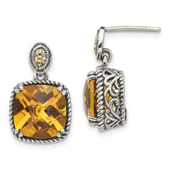 QTC1446 Shey Couture Sterling Silver with 14K Accent Antiqued Cushion Citrine Dangle Post Earrings