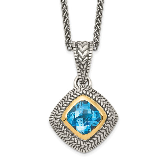 Shey Couture Sterling Silver with 14K Accent 18 Inch Antiqued Cushion Bezel Sky Blue Topaz Necklace QTC146