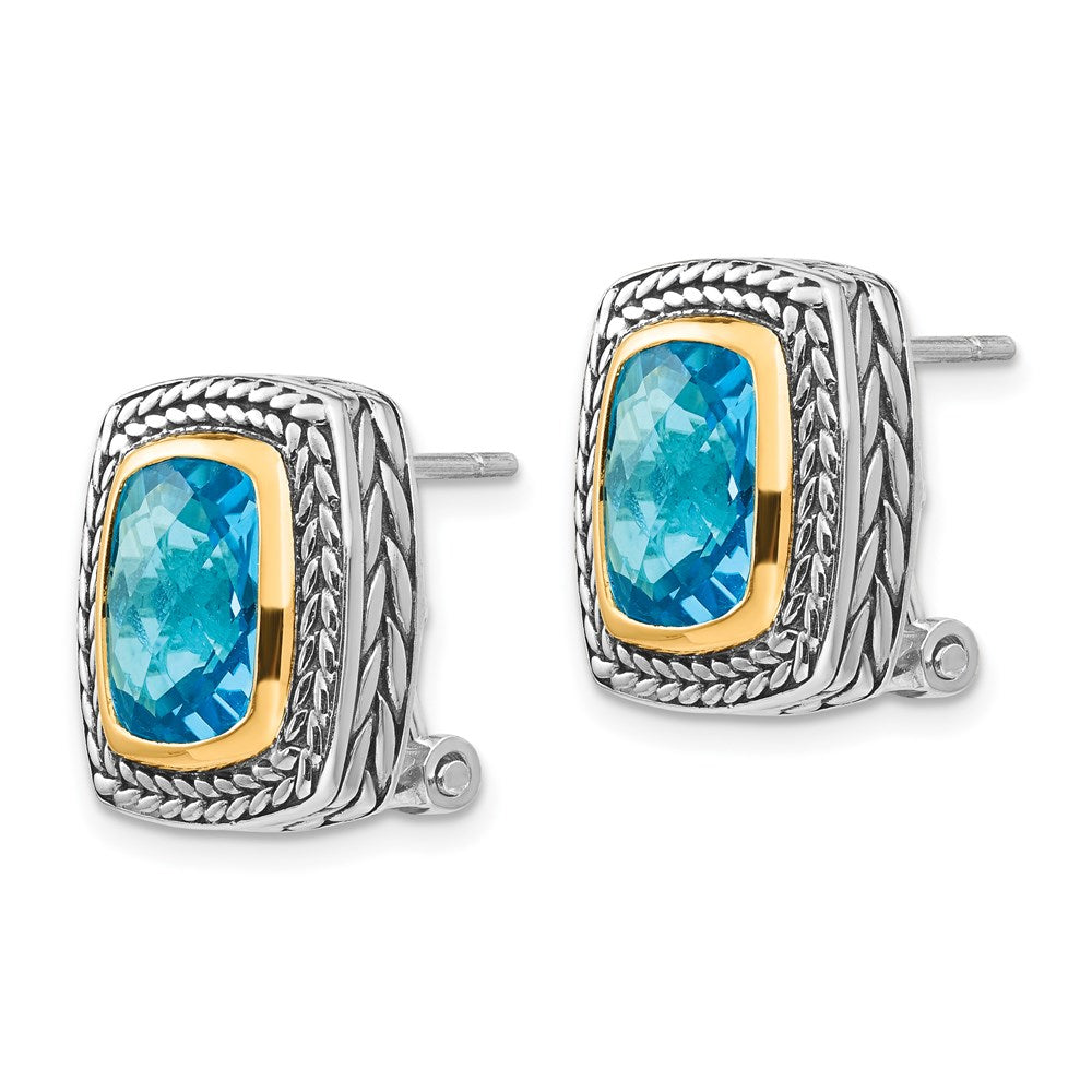 QTC151 Shey Couture Sterling Silver with 14K Accent Antiqued Cushion Bezel Swiss Blue Topaz Omega Back Earrings