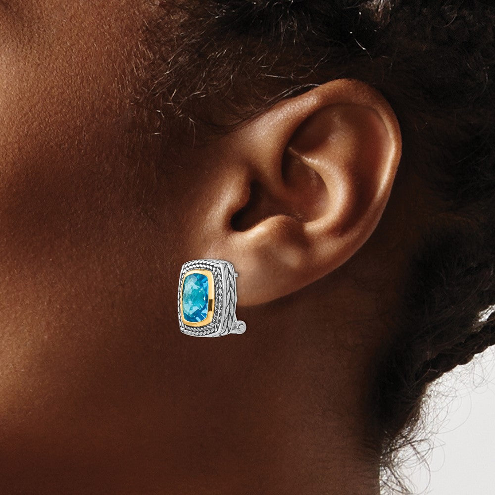 QTC151 Shey Couture Sterling Silver with 14K Accent Antiqued Cushion Bezel Swiss Blue Topaz Omega Back Earrings