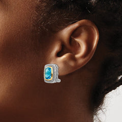QTC151 Shey Couture Sterling Silver with 14K Accent Antiqued Cushion Bezel Swiss Blue Topaz Omega Back Earrings