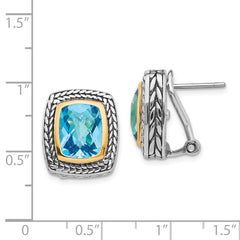 QTC151 Shey Couture Sterling Silver with 14K Accent Antiqued Cushion Bezel Swiss Blue Topaz Omega Back Earrings