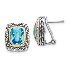 QTC151 Shey Couture Sterling Silver with 14K Accent Antiqued Cushion Bezel Swiss Blue Topaz Omega Back Earrings