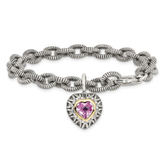 Shey Couture Sterling Silver with 14K Accent 7.5 Inch Antiqued Heart Bezel Created Pink Sapphire Heart Charm Bracelet QTC1523