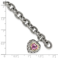 Shey Couture Sterling Silver with 14K Accent 7.5 Inch Antiqued Heart Bezel Created Pink Sapphire Heart Charm Bracelet QTC1523