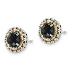 QTC1539 Shey Couture Sterling Silver with 14K Accent Antiqued Polished Checkerboard-cut Black Onyx Earrings